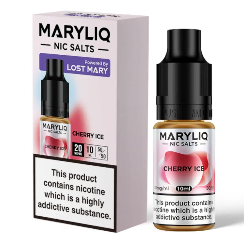 Vape juice bottle and packaging for Maryliq e-liquid nic salt cherry ice flavor