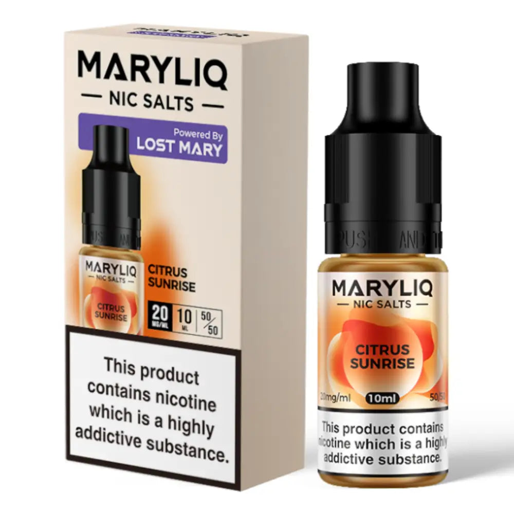 Vape juice bottle and packaging of Maryliq E-Liquid Citrus Sunrise with Lost Mary flavor