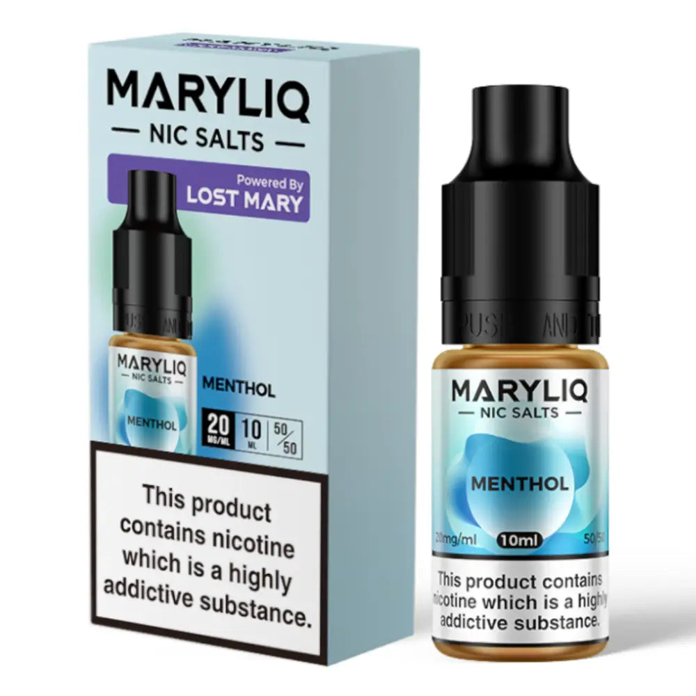 Box and bottle of Maryliq e-liquid nic salt menthol for Lost Mary at Smokz Vape Store