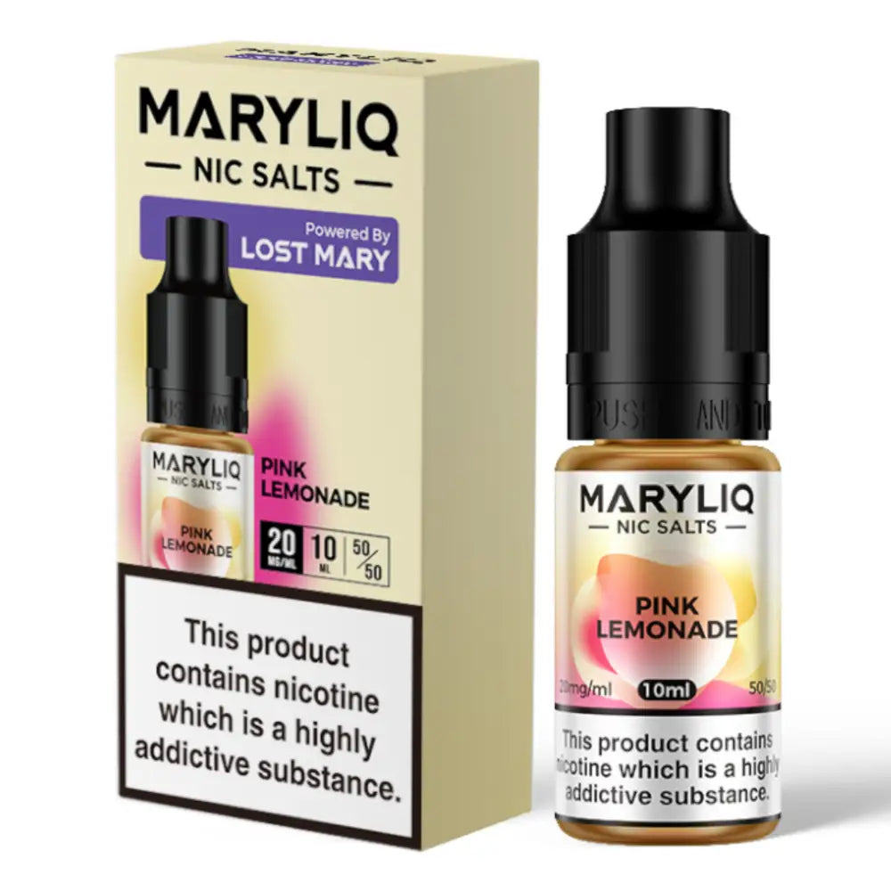Bottle and packaging of Maryliq E-Liquid Nic Salt Pink Lemonade flavor featuring Lost Mary branding