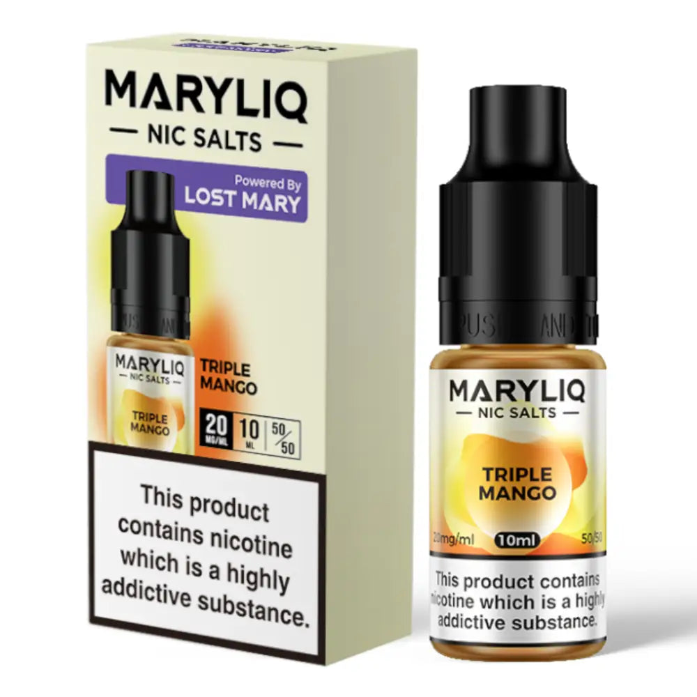 Two bottles of Maryliq E-Liquid Nic Salt Triple Mango with packaging, featuring Lost Mary flavor