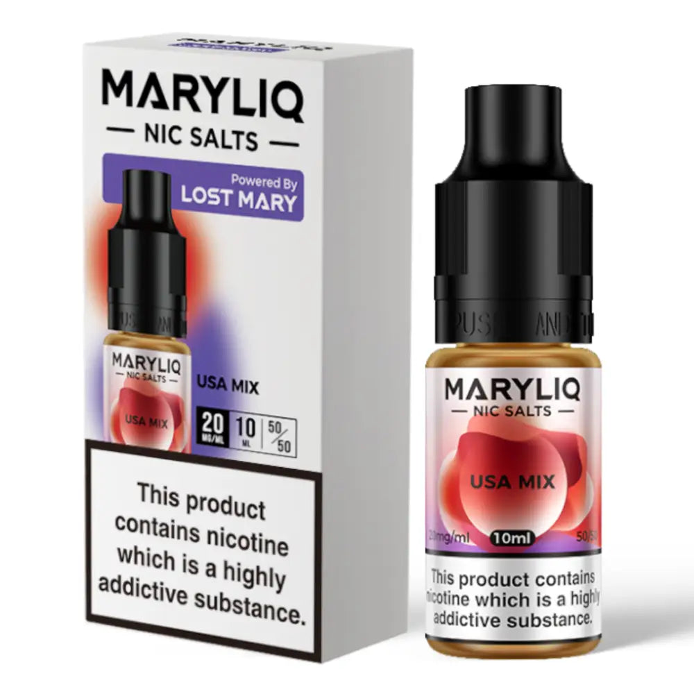 White box and bottle of USA Mix nicotine salt e-liquid from Maryliq E-Liquid at Smokz Vape Store