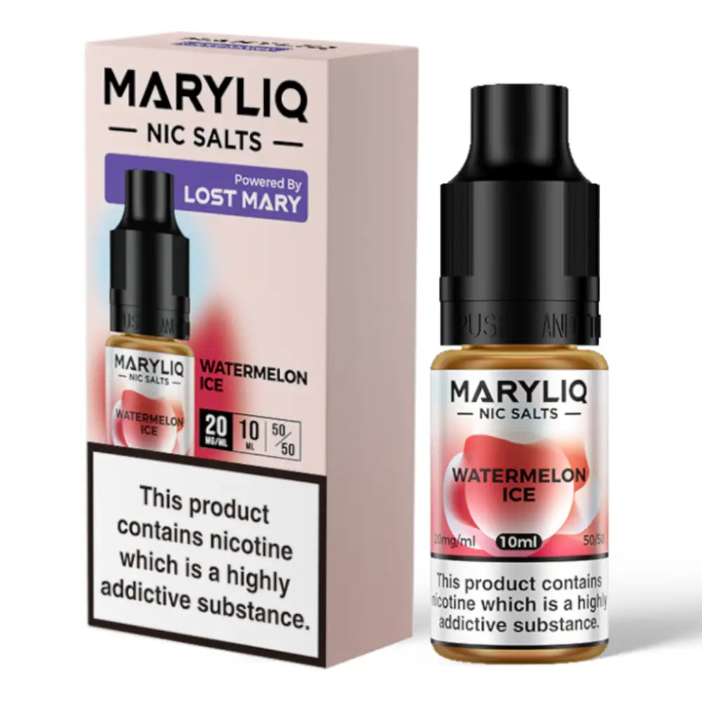 Two bottles and a box of Maryliq E-Liquid Nic Salt Watermelon Ice at Smokz Vape Store