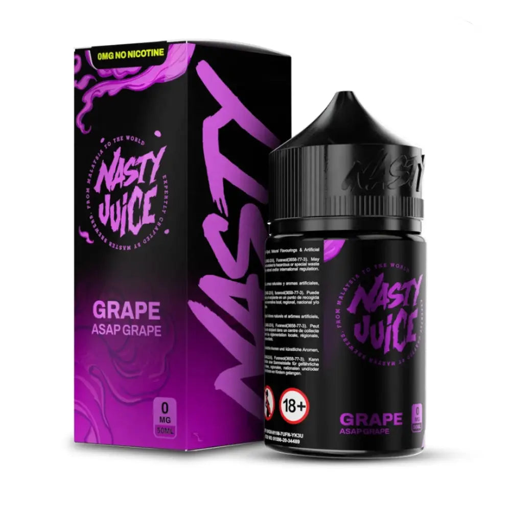 Grape-flavored vape juice and packaging for Nasty Juice ASAP Grape 50ml shortfill e-liquid