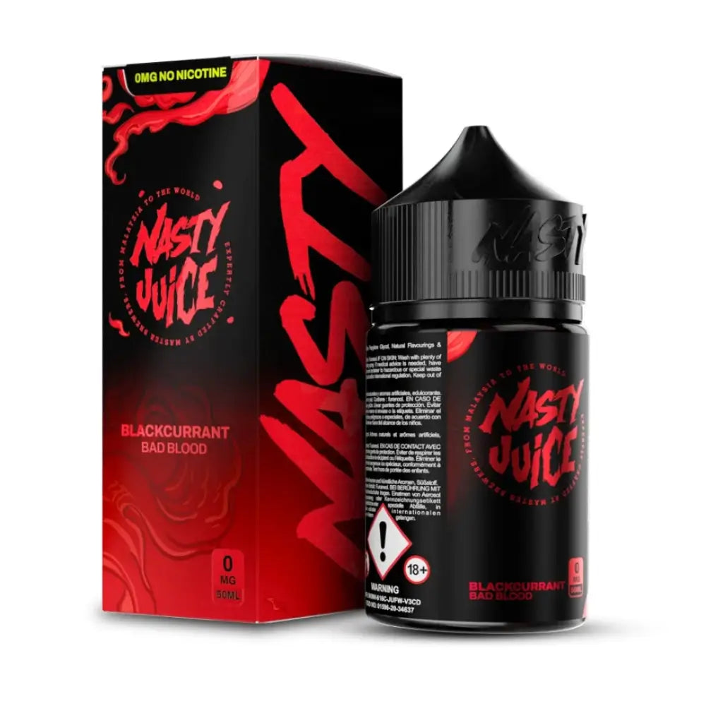 Blackcurrant flavored nicotine-free vape juice in a black bottle and box for Nasty Juice Bad Blood 50ml shortfill e-liquid