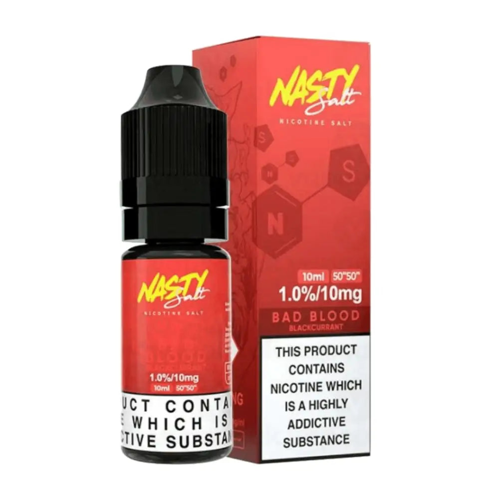 Red and black Nasty Juice Bad Blood Nic Salt vape juice bottle and box at Smokz Vape Store