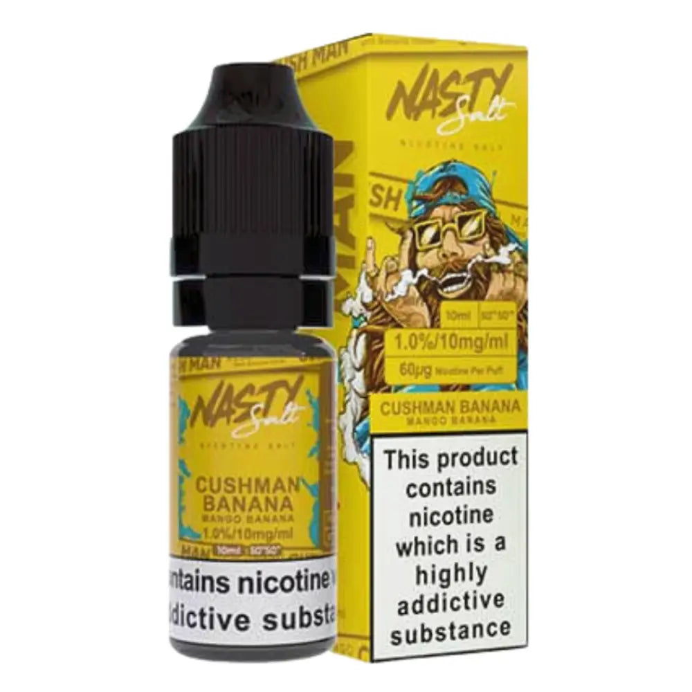 Yellow and black Nasty Juice Banana Cushman nic salt vape liquid bottle and box at Smokz Vape Store