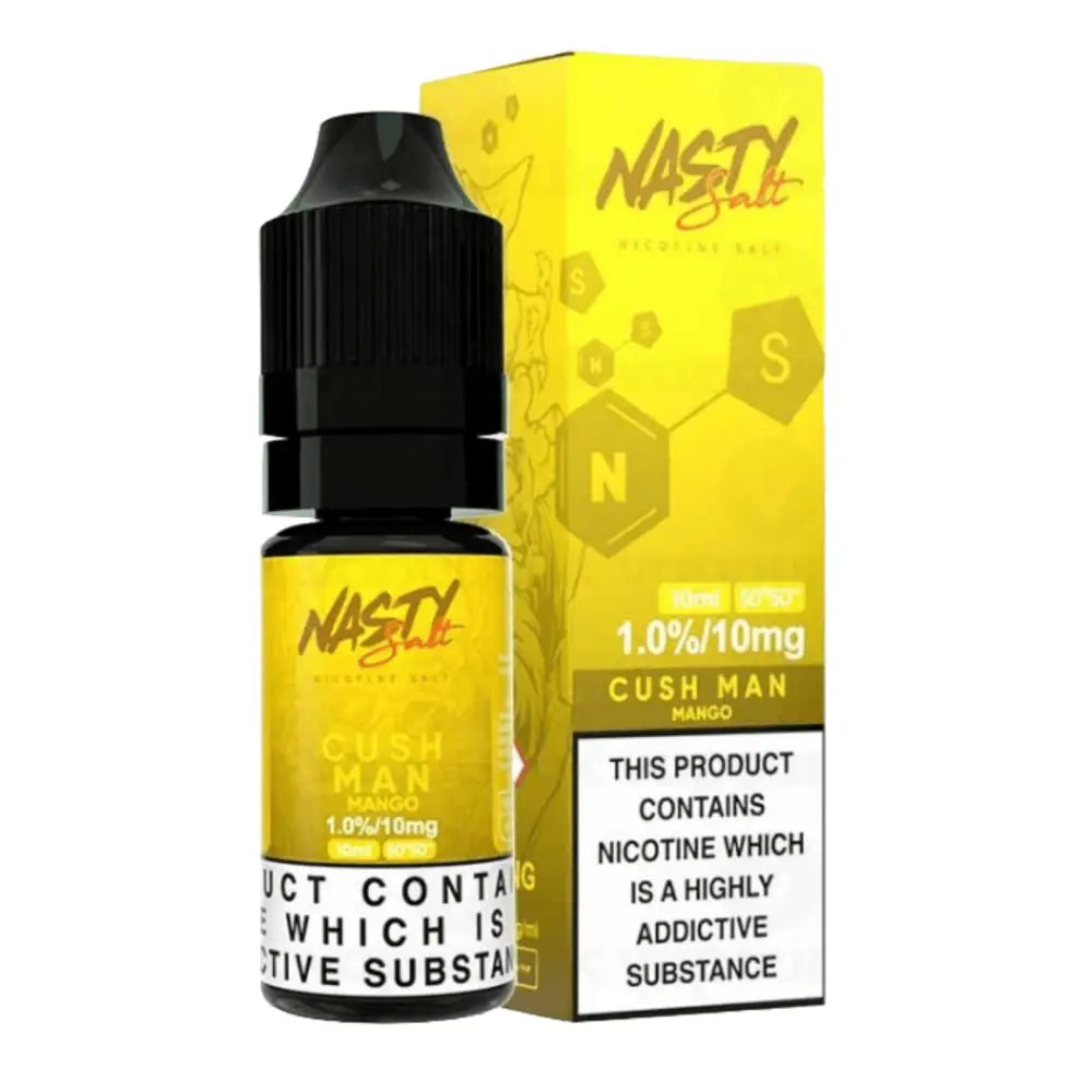 Yellow Nasty Salt Cush Man Mango vape juice bottle and box from Nasty Juice Cush Man Nic Salt at Smokz Vape Store