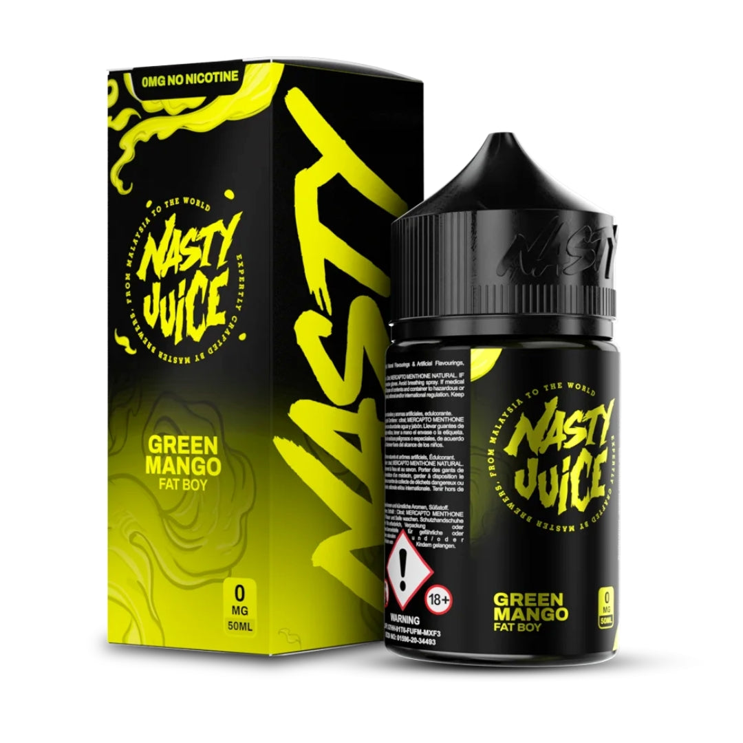 A 50ml shortfill of Nasty Juice Fat Boy green mango e liquid, 0mg nicotine free, in a 70/30 VG/PG ratio mix.