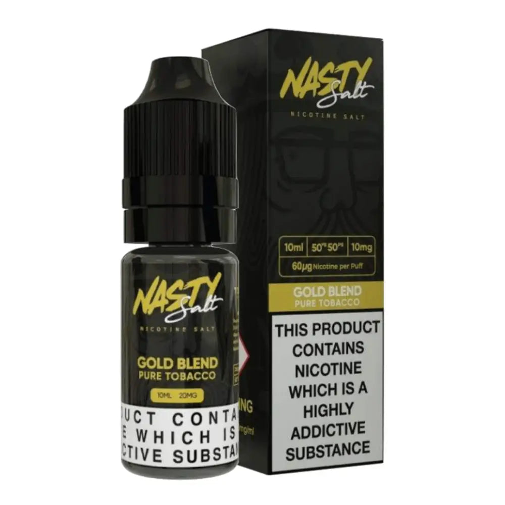 Black 10ml Nasty Juice Gold Blend Nic Salt vape juice bottle and box with gold accents at Smokz Vape Store