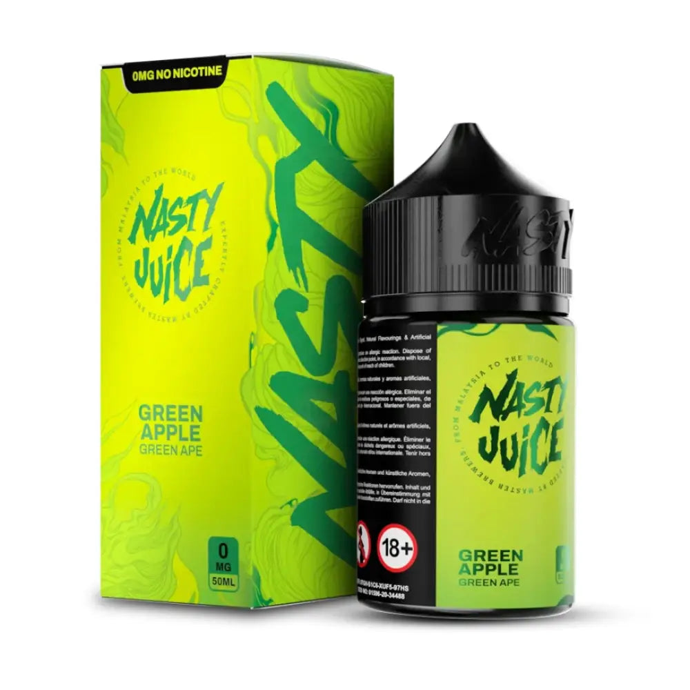 Green apple flavored vape juice and packaging for Nasty Juice Green Ape 50ml shortfill e-liquid