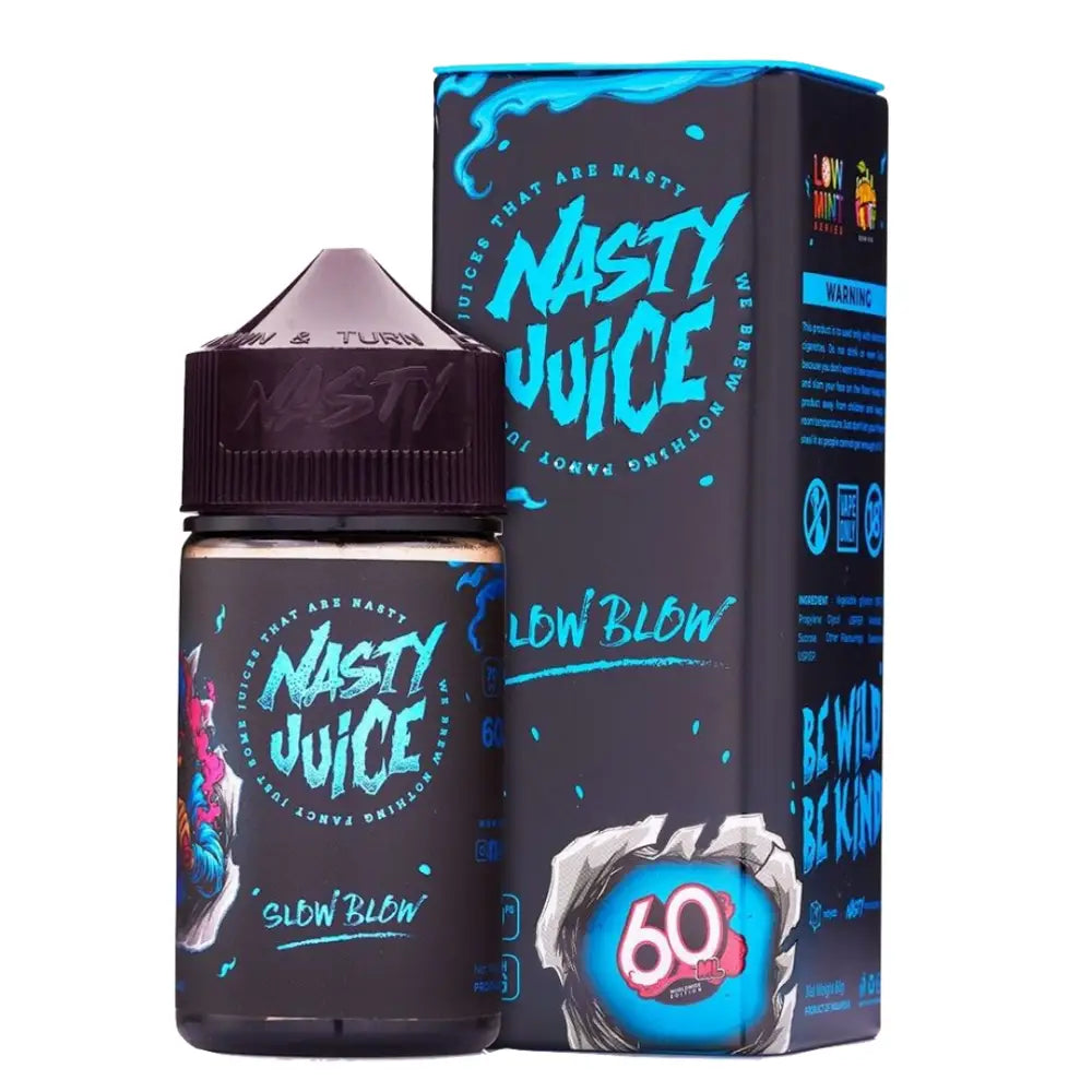 Dark Nasty Juice Slow Blow 50ml shortfill e-liquid bottle with blue and pink accents featuring lime soda flavor