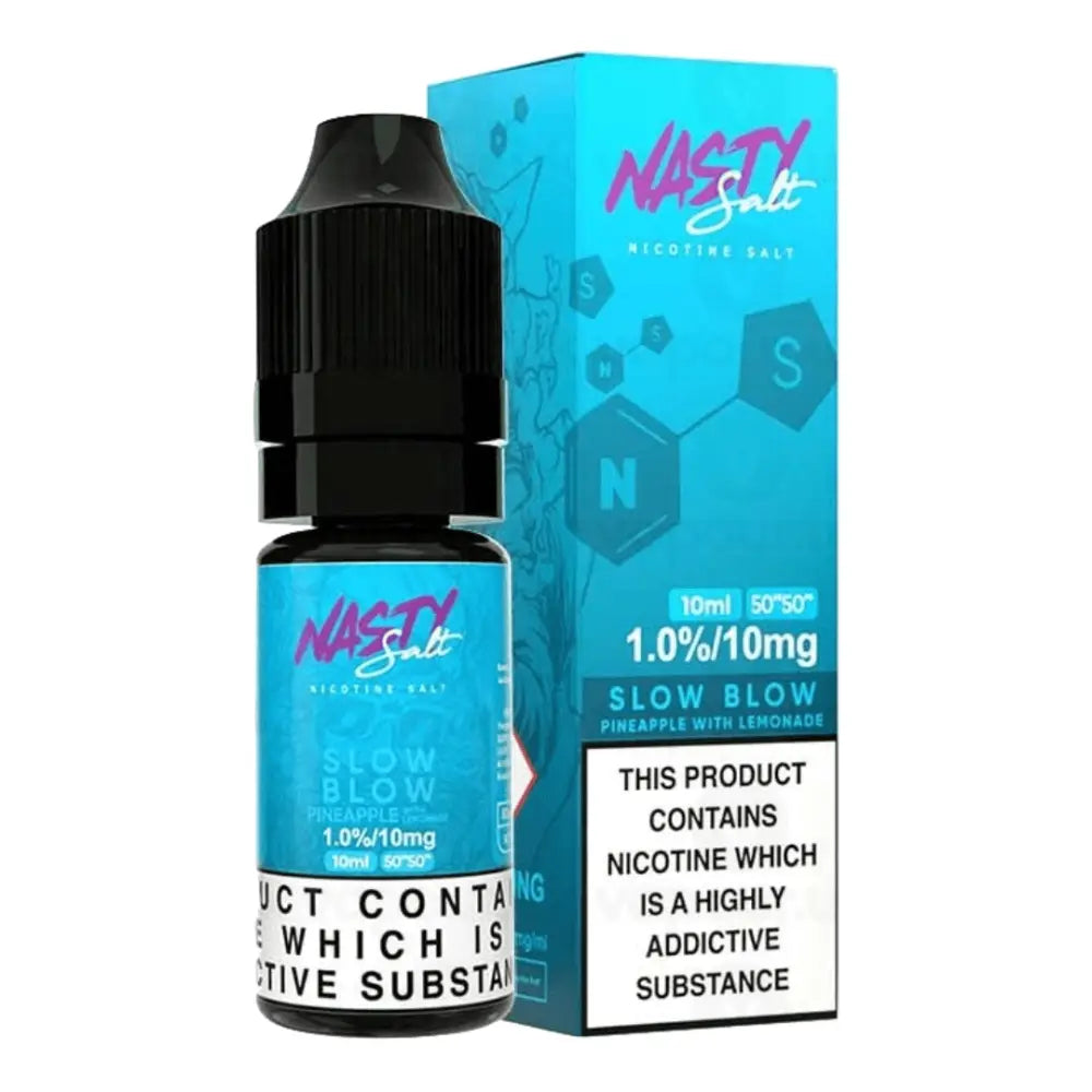 Image of Nasty Juice Slow Blow Nic Salt e-liquid 10ml bottle and box with pineapple lemonade flavor at Smokz Vape Store
