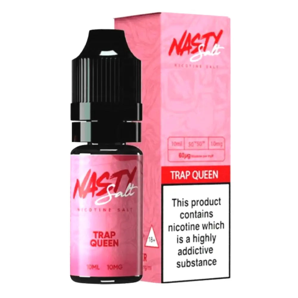 Pink and black vape liquid bottle and box for Nasty Juice Trap Queen Nic Salt by Smokz Vape