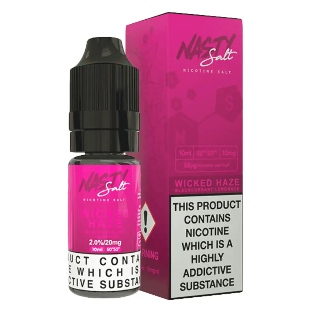 Pink and black Nasty Salt Wicked Haze nicotine e-liquid bottle and box at Smokz Vape Store