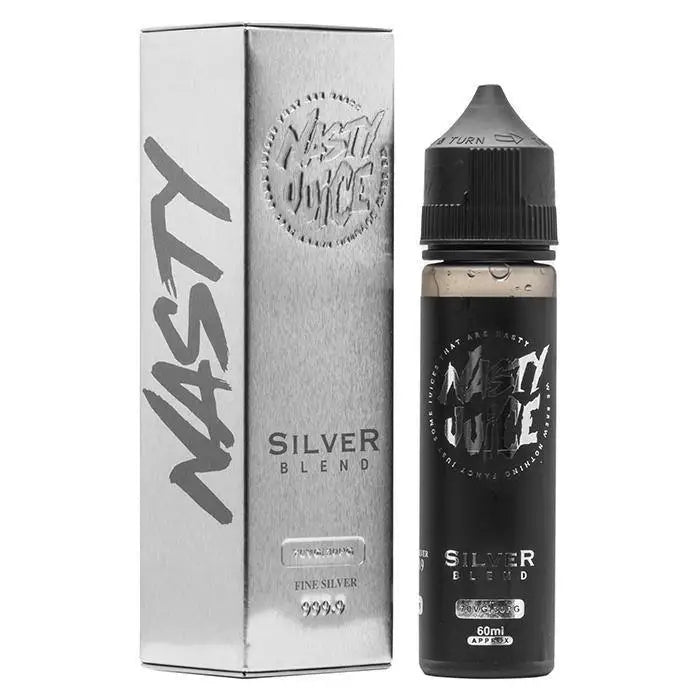 Silver-colored vape juice packaging and bottle for Nasty Tobacco Silver Blend at Smokz Vape Store