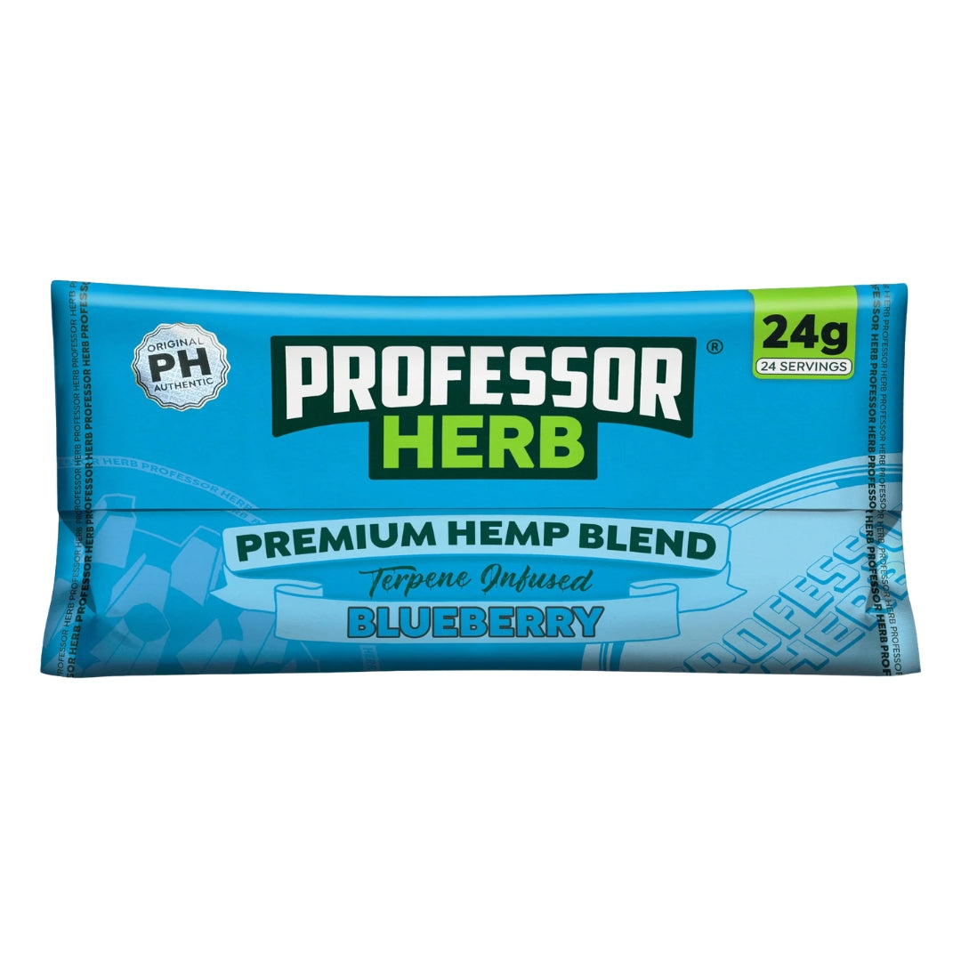 Blue package of Professor Herb Premium Hemp Blend Blueberry on a white background