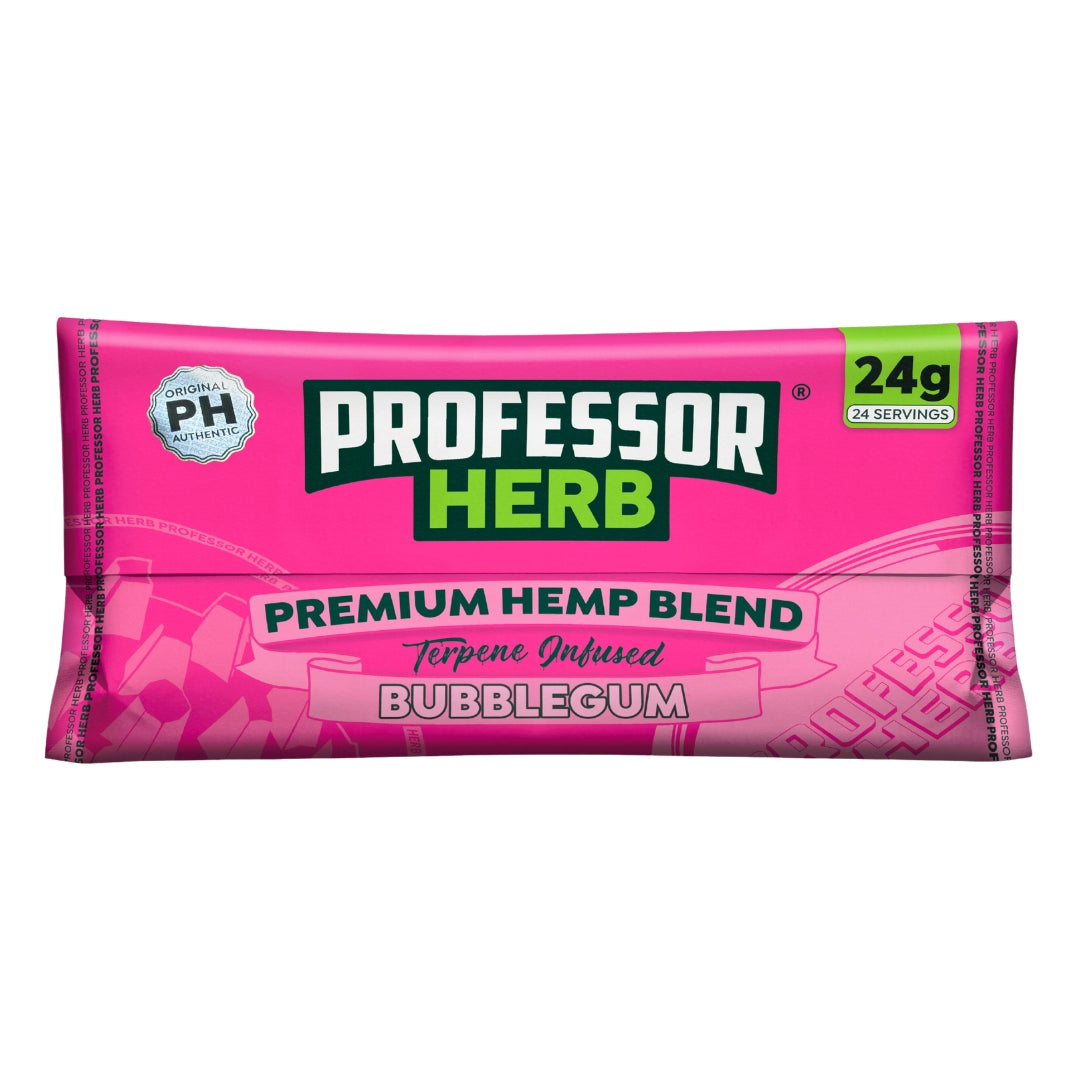 Pink package of Professor Herb Premium Hemp Blend Bubblegum on a white background