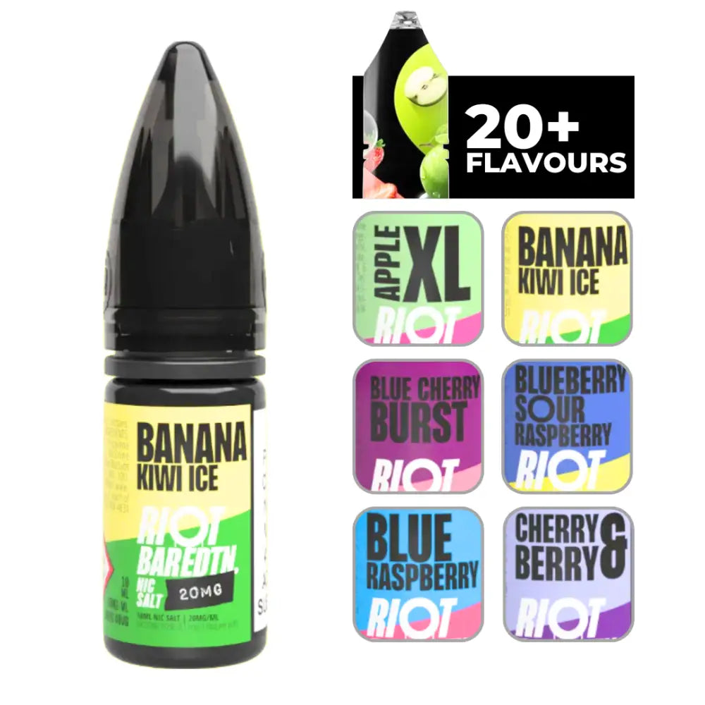 Vape juice bottle with multiple flavors including Riot Bar Edtn Banana Kiwi Ice 10ml e-liquid