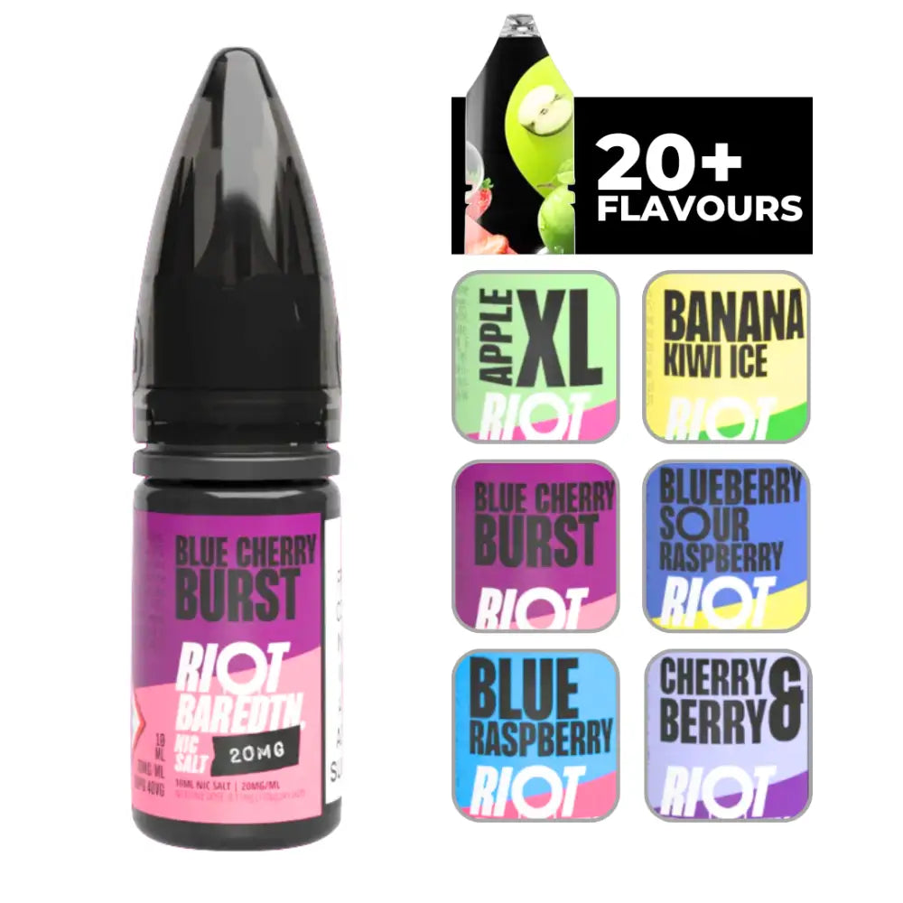 Riot Bar Edtn Blue Cherry Burst 10ml E-Liquid bottle with flavor options display