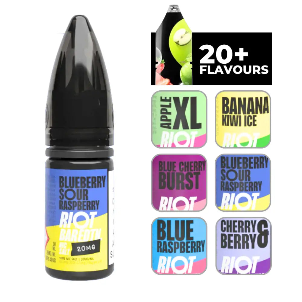 E-liquid bottle with black cap, Riot Bar Edtn Blueberry Sour Raspberry flavor, 20MG nicotine, display of other flavors