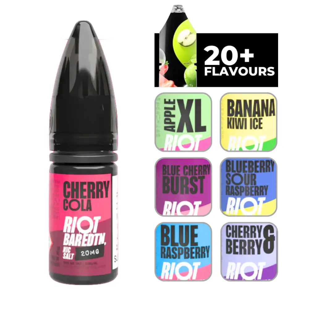 Vape juice bottle featuring Riot Bar Edtn Cherry Cola flavor options with various flavors