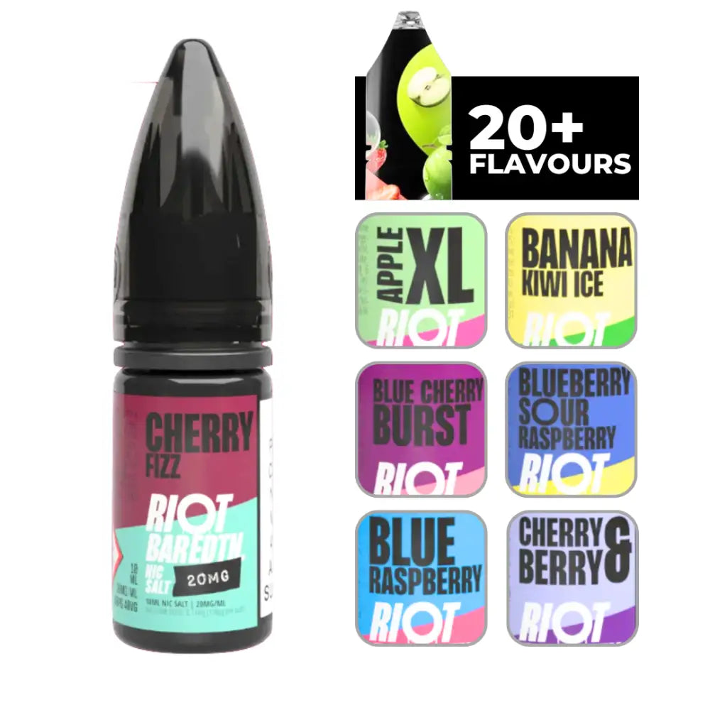 Vape liquid bottle featuring Riot Bar Edtn Cherry Fizz 10ml e-liquid with various flavors