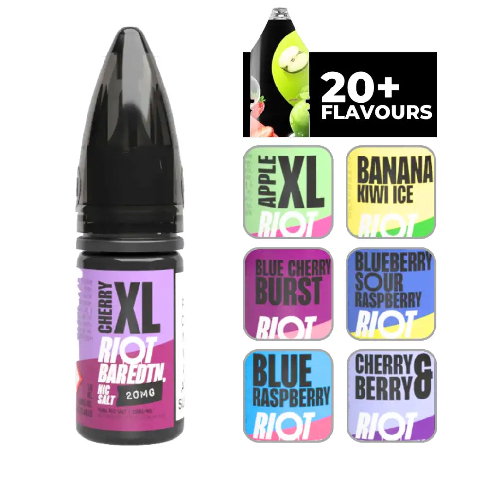 Riot Bar Edtn Cherry XL 10ml E-Liquid with Additional Flavor Options Displayed
