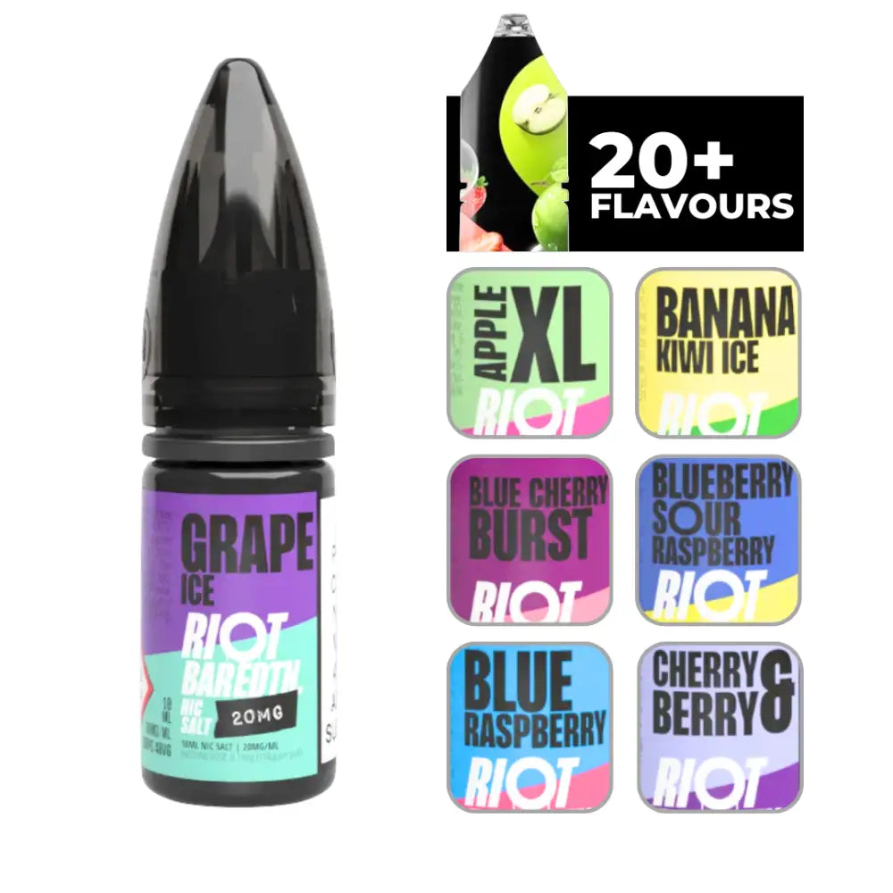 Riot Bar Edtn Grape Ice 10ml E-Liquid with black cap and flavor display in background
