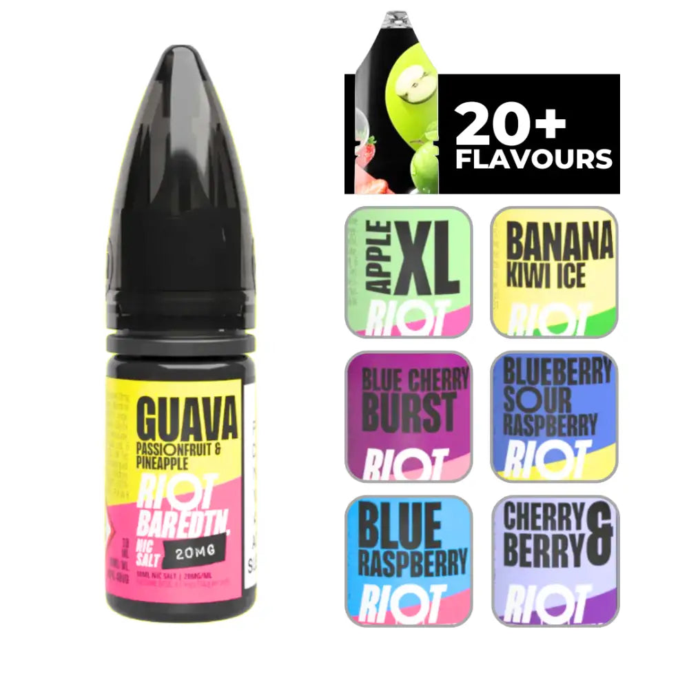 Riot Bar Edtn Guava vape juice with passionfruit and pineapple flavor, 20mg nicotine salt