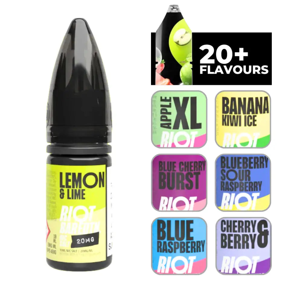 Riot Bar Edtn Lemon & Lime 10ml E-Liquid with other flavor options displayed