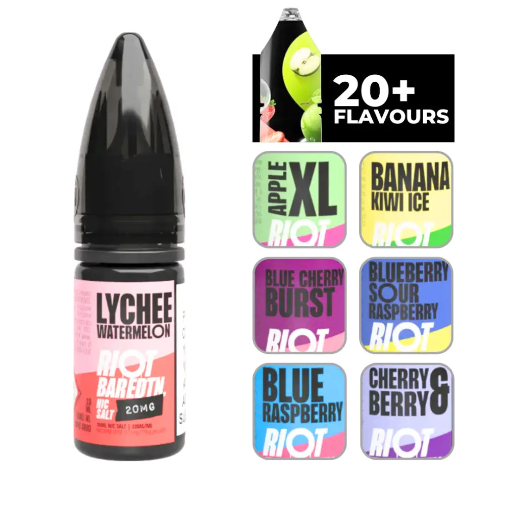 Riot Bar Edtn Lychee Watermelon 10ml e-liquid with other flavor options displayed