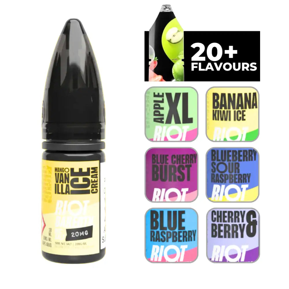Vape e-liquid bottle featuring Riot Bar Edtn Mango and Edtn Mango Vanilla flavors