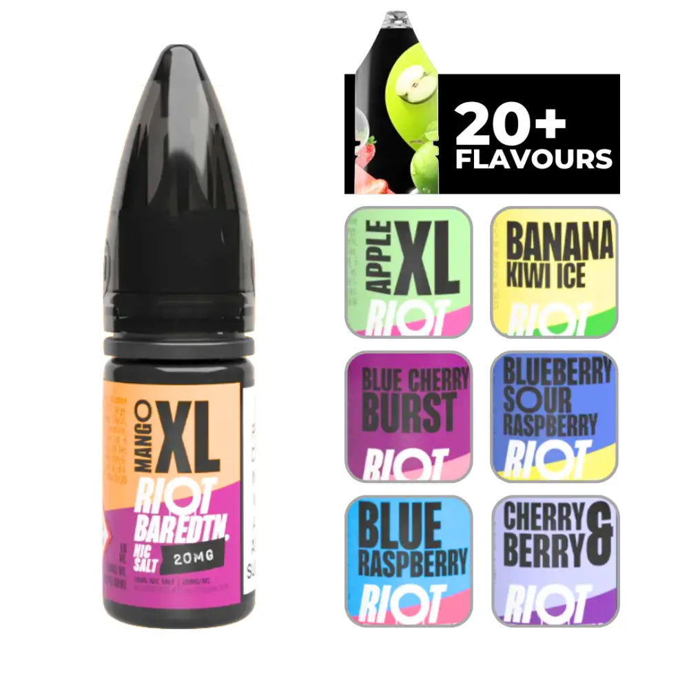 Riot Bar Edtn Mango XL 10ml e-liquid with pointed cap and flavor options, part of Riot Squad