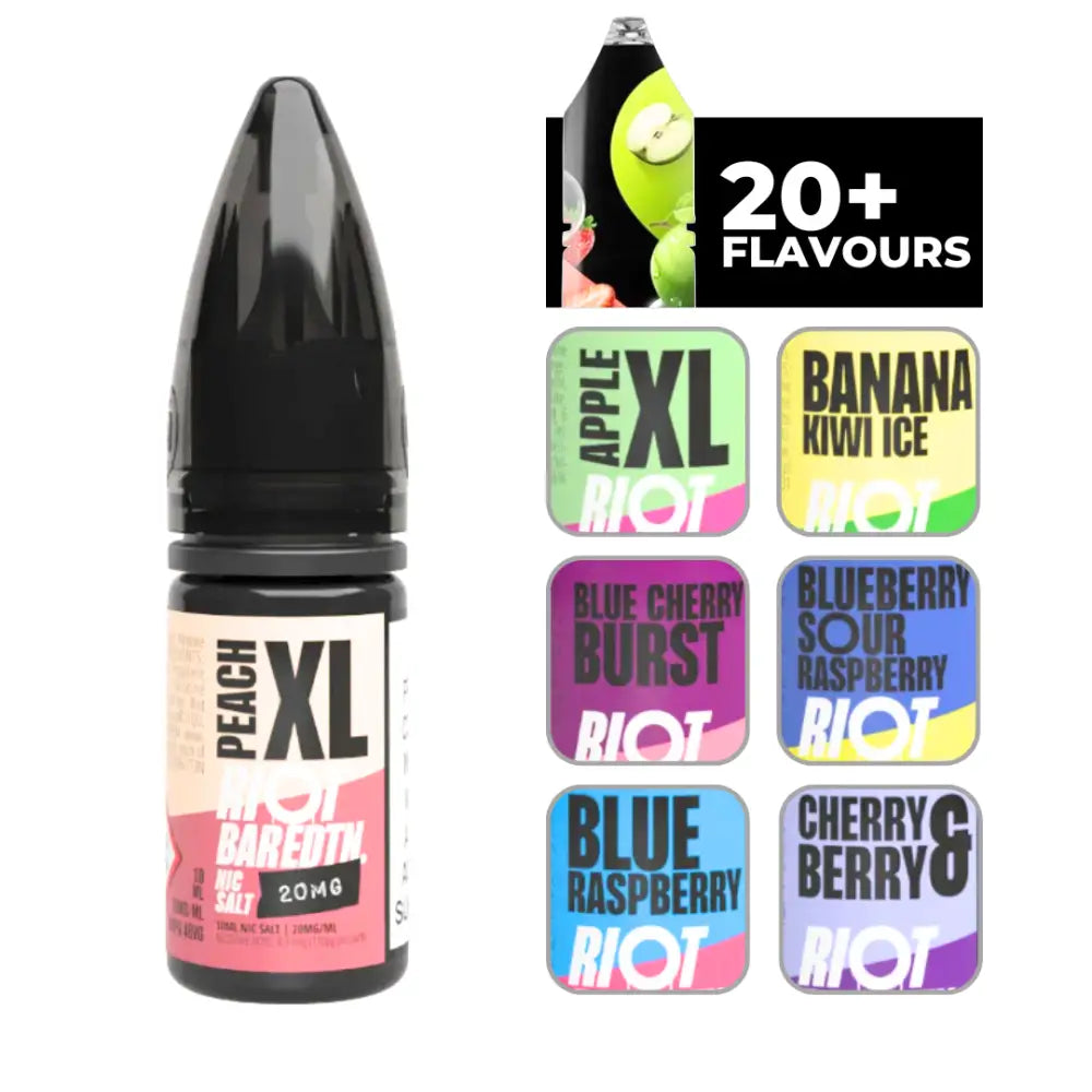 Vape juice bottle with flavor labels for Riot Bar Edtn Peach XL 10ml e-liquid by Riot Squad
