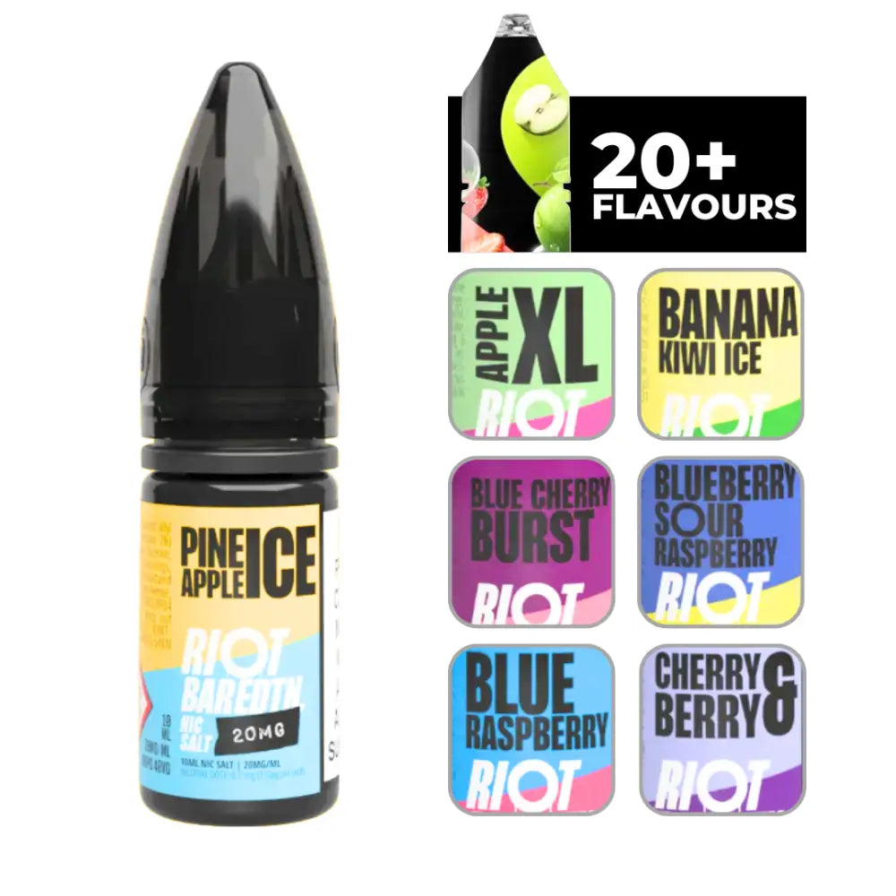 Riot Bar Edtn Pineapple Ice 10ml E-Liquid with fruit-flavored vape juice bottles