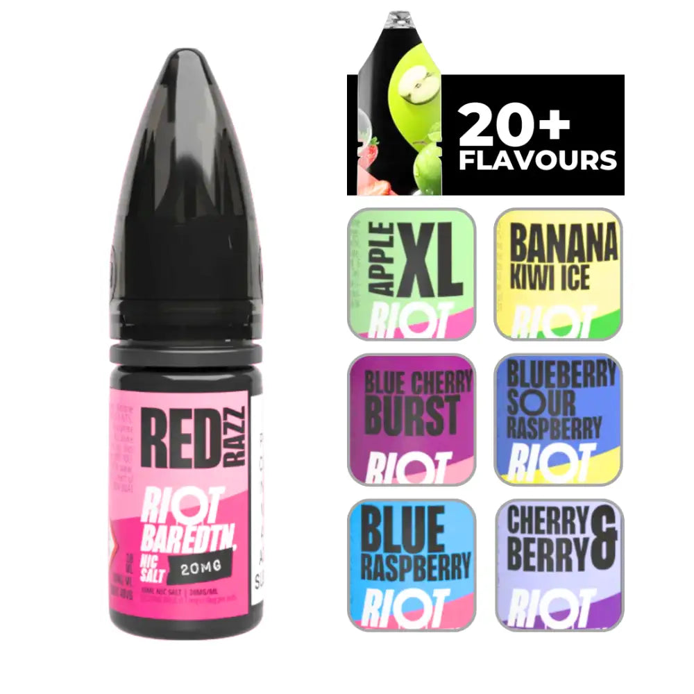 Image of Riot Bar Edtn Red Razz 10ml e-liquid bottles with flavor options