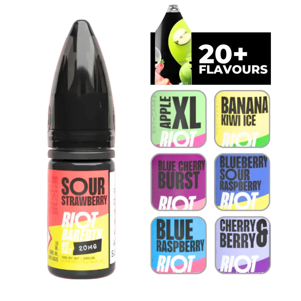 Riot Bar Edtn Sour Strawberry 10ml e-liquid bottle with multiple flavor options