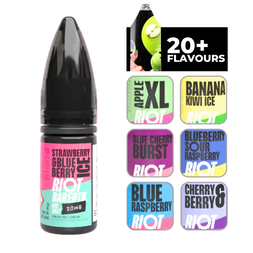 Vape juice bottle and flavor samples for Riot Bar Edtn Strawberry Blueberry Ice e-liquid