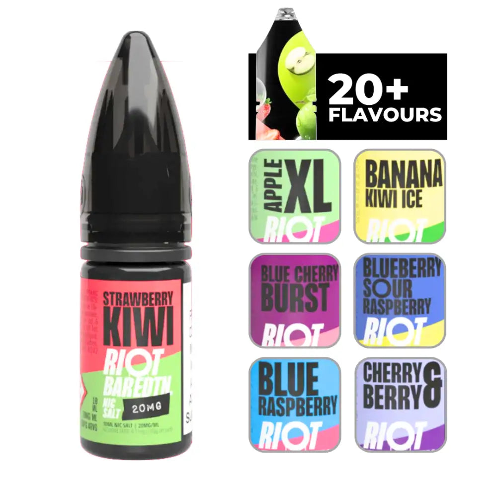 Riot Bar Edtn Strawberry Kiwi 10ml E-Liquid with flavored vape juice bottles display