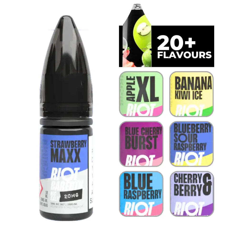 Black-capped Riot Bar Edtn Strawberry Maxx 10ml e-liquid bottle with blue label and flavor collage
