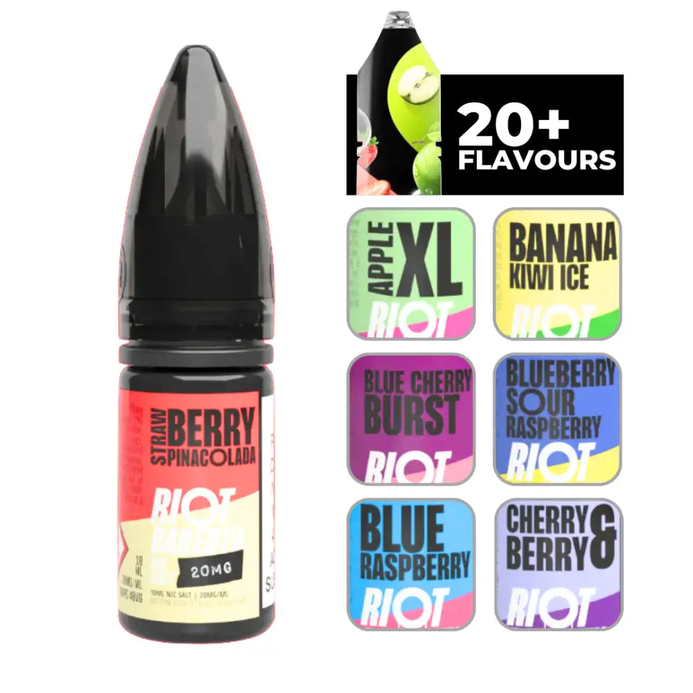 Riot Bar Edtn strawberry pina colada vape juice bottle with multiple flavor options