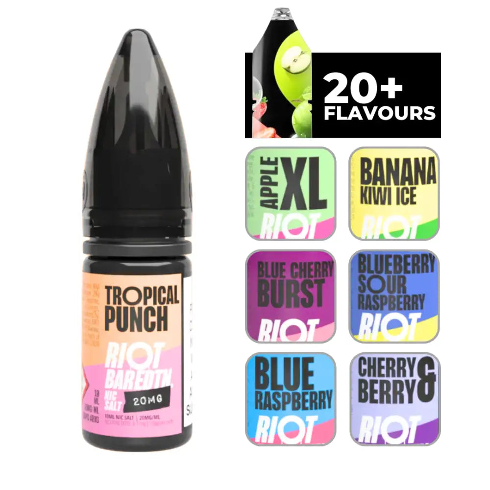 Image of Riot Bar Edtn Tropical Punch 10ml e-liquid with various Riot vape flavors