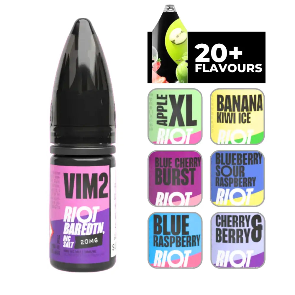 Small bottle of Riot Bar EDtn VIM2 10ml e-liquid with various flavor options displayed