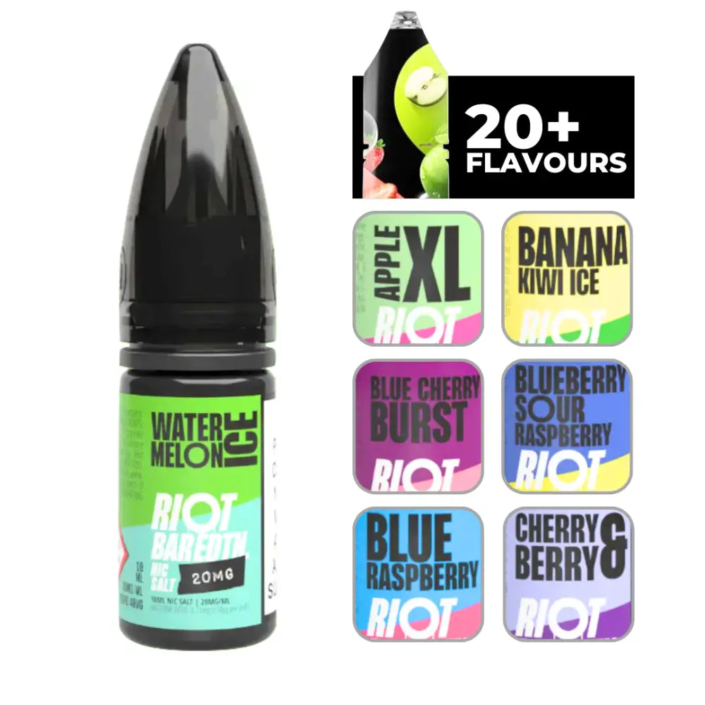 Collection of Riot Bar Edtn watermelon and watermelon ice flavored e-liquid bottles