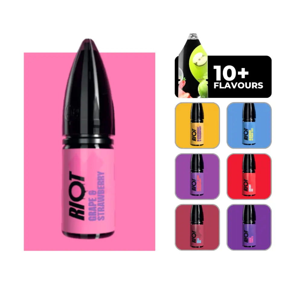 Riot X Nic Salts E-liquid in Grape & Strawberry. 50/50 vape juice in 10ml bottles.