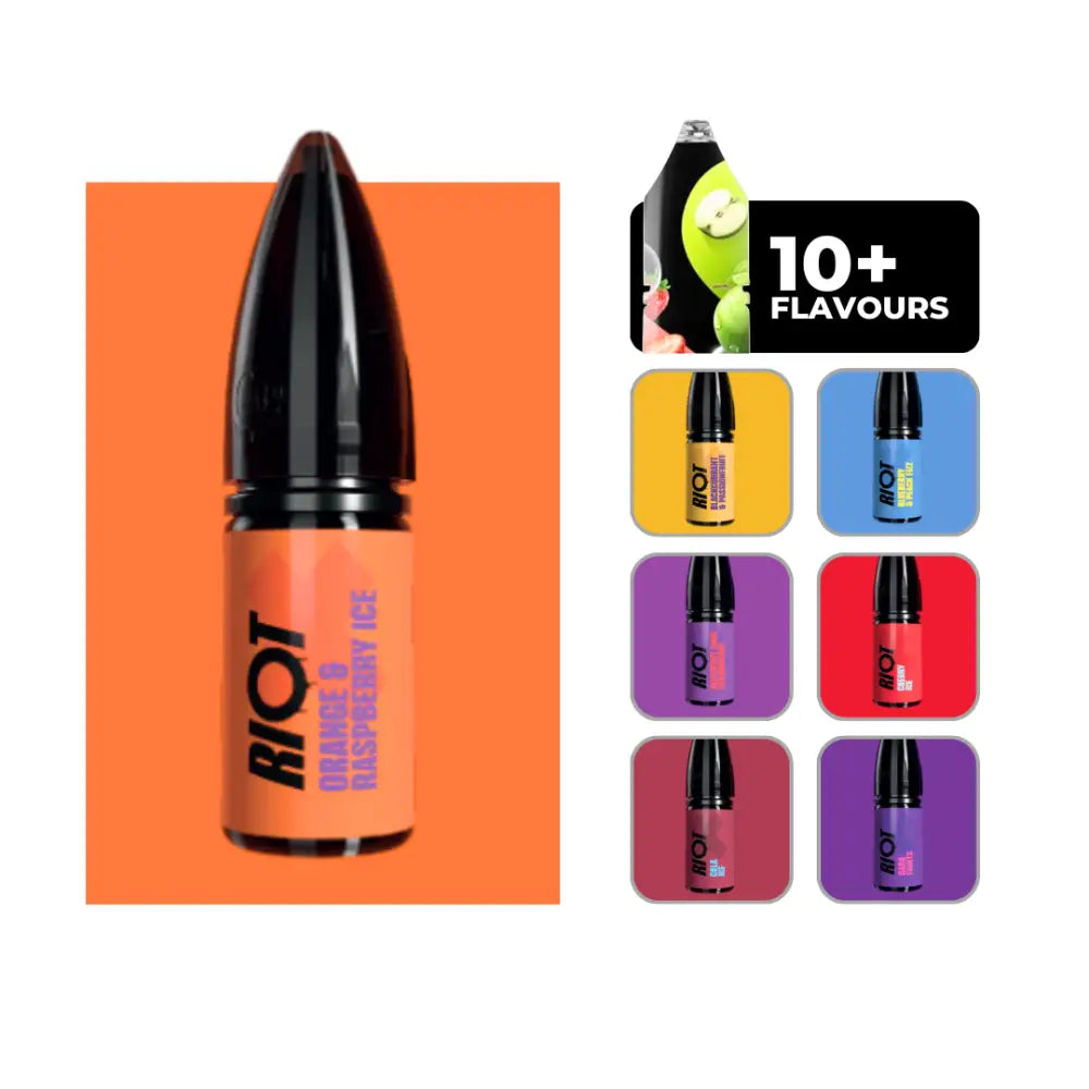 Riot X Nic Salts E-liquid in Orange & Raspberry Ice. 50/50 vape juice in 10ml bottles.