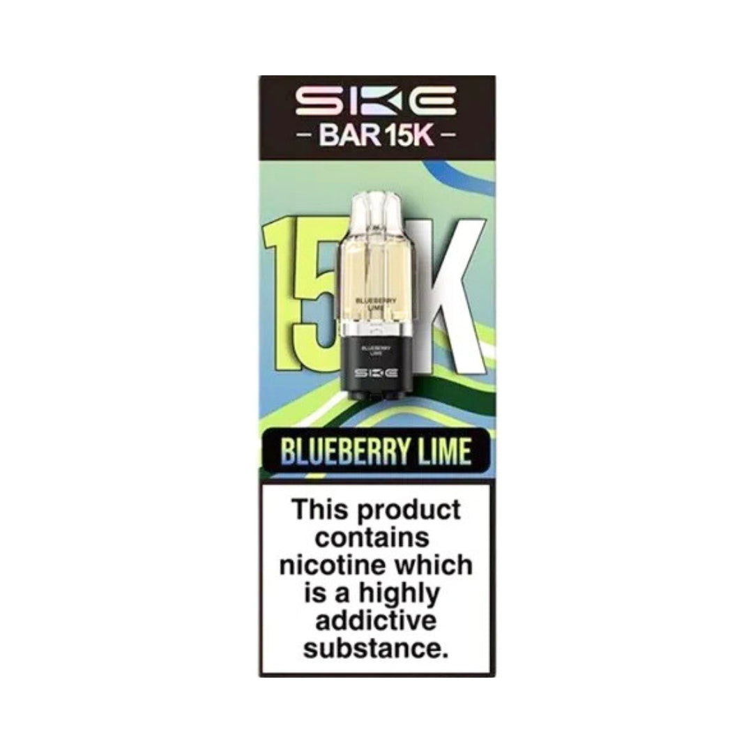 SKE BAR 15K vape device packaging with blueberry lime flavor on a white background