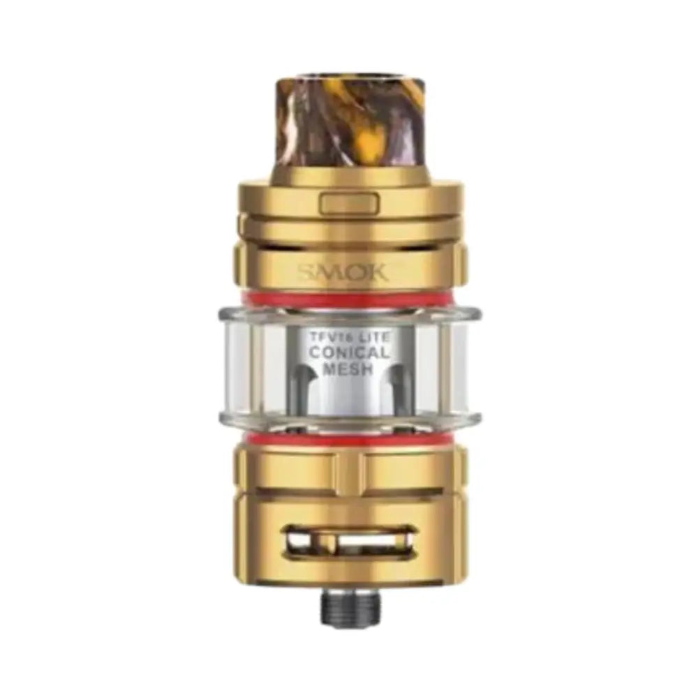 Gold-colored Smok TFV16 tank with marbled brown and gold mouthpiece, compatible with mesh coils at Smokz Vape Store