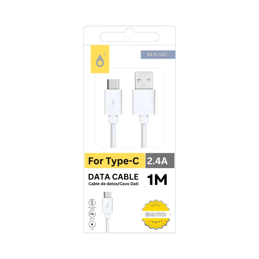 White USB A to Type-C data cable with 2.4A charging support and 1-meter length